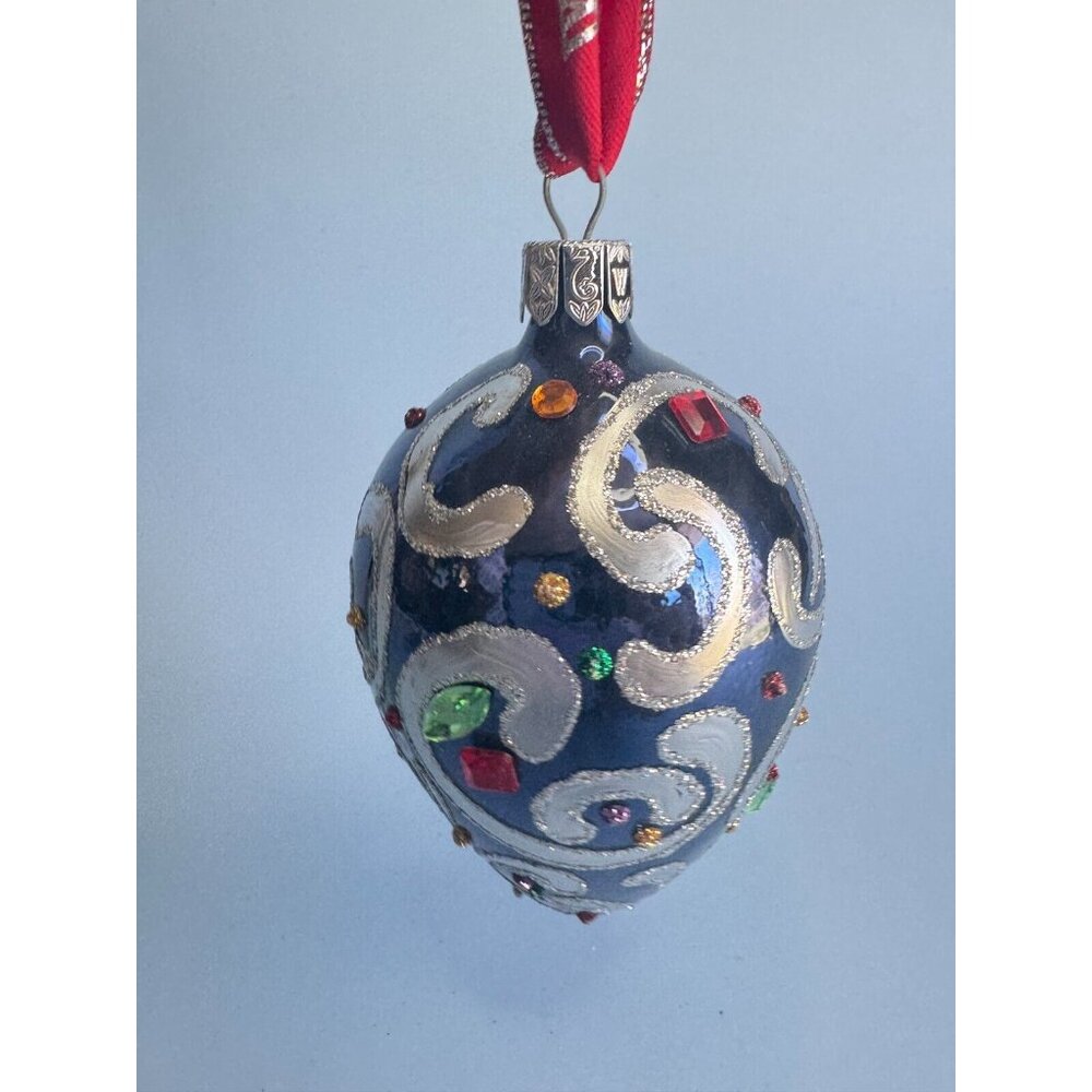 Waterford Sapphire Scroll Egg Jeweled Blown Glass Ornament Rare 1997 Handmade Co - Picture 4 of 7